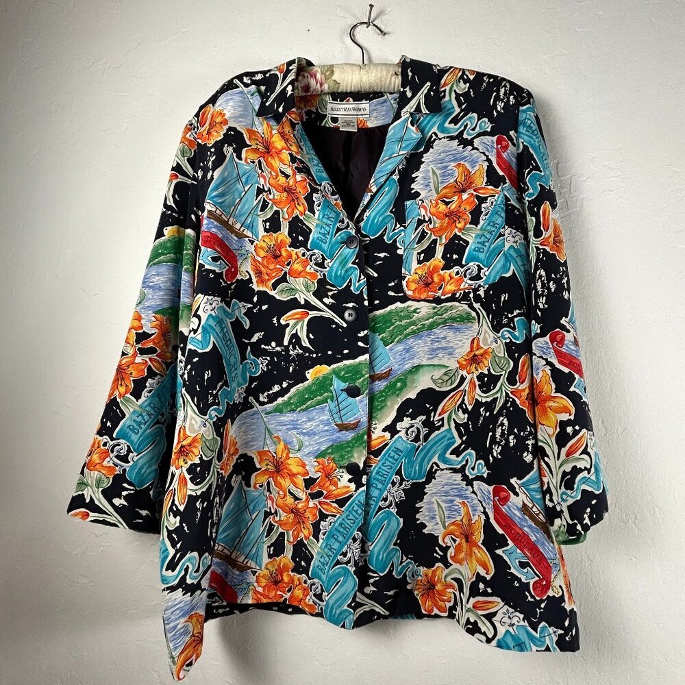August Max Woman Floral Bazar Parisien Silk Shirt Top 16W Multicolor Long Sleeve